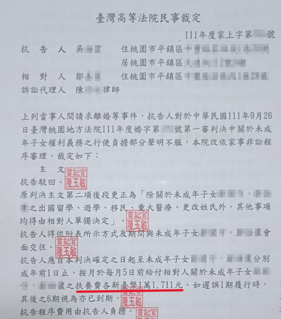 <strong>男童媽媽今年8月離婚，法院判她每個月要支付前夫2萬3千元的扶養費。（圖／當事人提供）</strong>