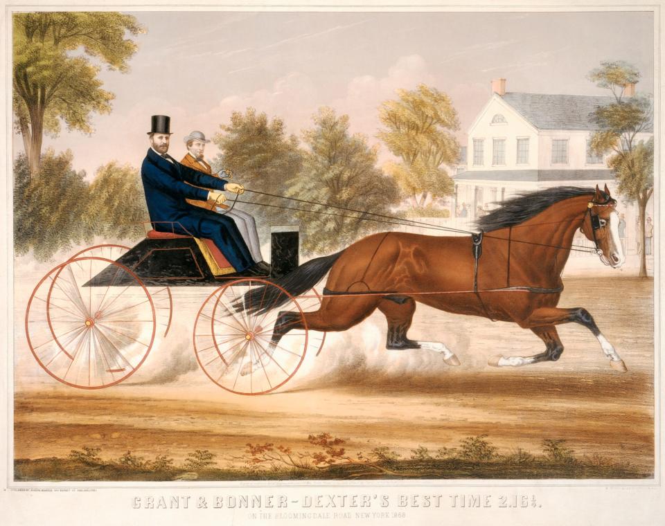 This illustration from 1868 was published by Joseph Hoover of J. Hoover & Son and shows President Ulysses S. Grant and Robert Bonner riding in a horse-drawn carriage in New York. Bonner was a horse owner and publisher of the "New York Ledger."