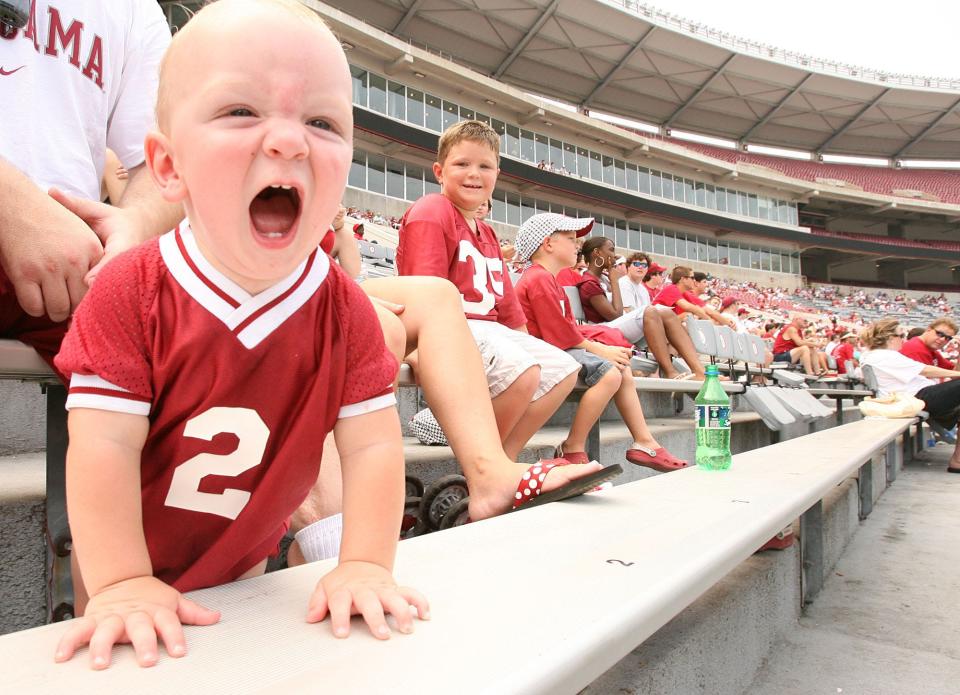 Bryant Hanback of Florence yells encouragement on Aug. 5, 2007, at Bryant-Denny Stadium during an open practice before Nick Saban's first season as the University of Alabama's football coach. Kalen DeBoer will kick off his first season as Alabama's coach with the A-Day Game on Saturday at Bryant-Denny Stadium.