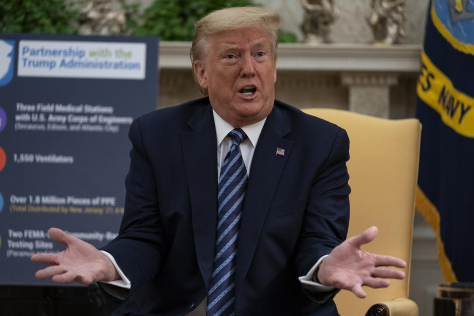 President Donald Trump speaks during a meeting about the coronavirus response with Gov. Phil Murphy, D-N.J., in the Oval Office of the White House, Thursday, April 30, 2020, in Washington. (AP Photo/Evan Vucci)