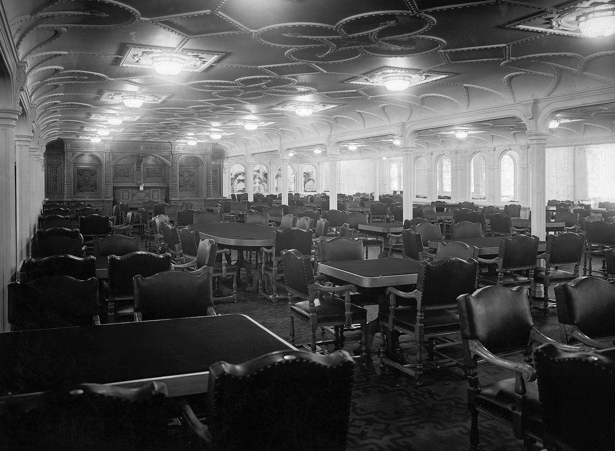 Image: The main dining room aboard the Titanic. (George Rinhart / Corbis via Getty Images file)
