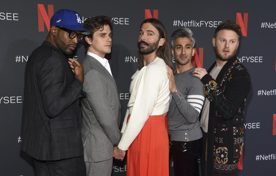 The cast of Queer Eye: Karamo Brown, from left, Antoni Porowski, Jonathan Van Ness, Tan France and Bobby Berk, in Los Angeles. (Photo: Chris Pizzello/Invision/AP)