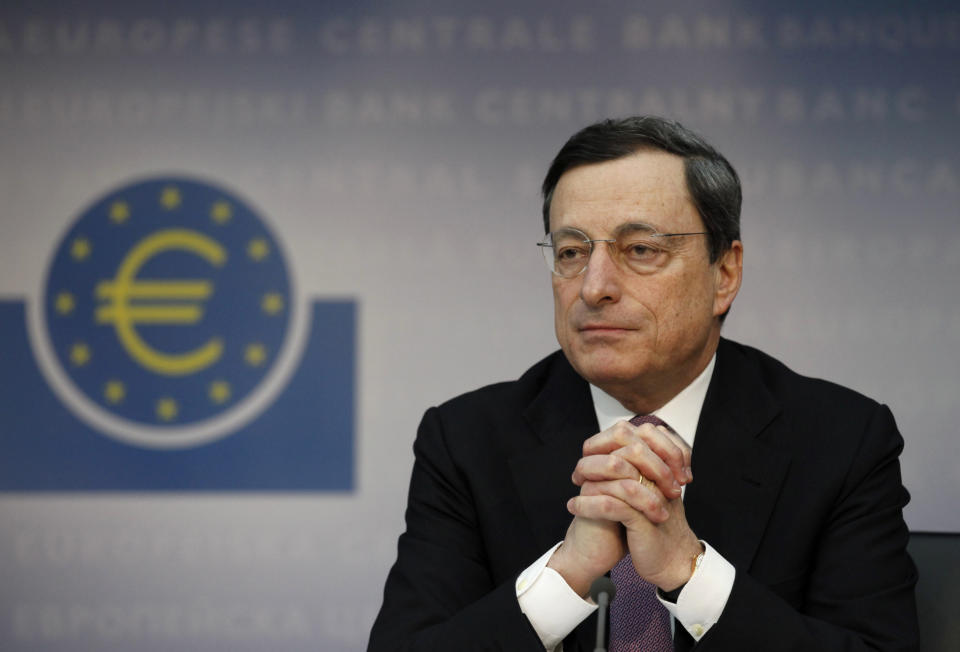 President of the European Central Bank Mario Draghi attends a news conference, Thursday, March 8, 2012. The European Central Bank left its key interest rate unchanged Thursday at a record low of 1 percent, holding off on further measures to boost the shaky economy in the 17 countries that use the euro. Draghi said the eurozone economy is showing "signs of stabilization" and dropped the word "tentative" from last month's assessment of the steadying economy, making his outlook slightly less pessimistic. (AP Photo/dapd, Mario Vedder)