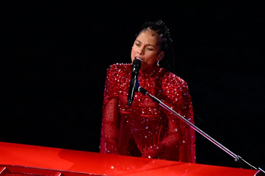 US singer-songwriter Alicia Keys performs during Apple Music halftime show of Super Bowl LVIII between the Kansas City Chiefs and the San Francisco 49ers at Allegiant Stadium in Las Vegas, Nevada, February 11, 2024. (Photo by Patrick T. Fallon / AFP) (Photo by PATRICK T. FALLON/AFP via Getty Images)