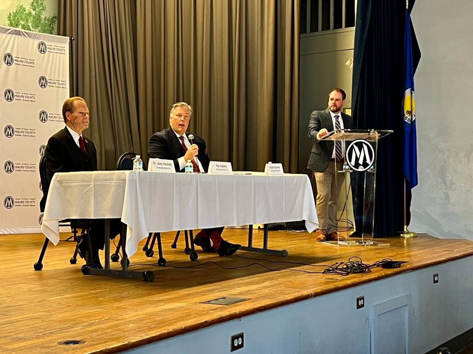 Rep. Scott Cepicky (center) speaks to the audience at the annual State Eggs & Issues breakfast at The Memorial Building on Friday, Feb. 23, 2024.