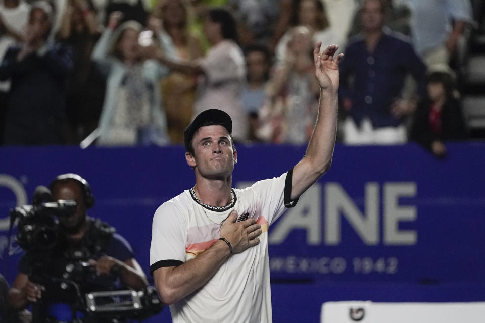 Tommy Paul of the United States reacts after defeating Taylor Fritz of the United States during their semifinal match at the Mexican Open tennis tournament in Acapulco, Mexico, Friday, March 3, 2023. (AP Photo/Eduardo Verdugo)