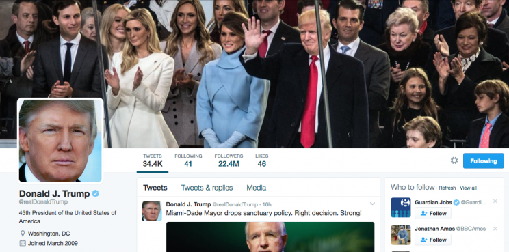 <br>Trump now has control of the @POTUS Twitter handle but also continues to tweet from his personal account (Twitter)