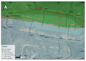 Simplified geology map showing the location of holes 21ODD-001 and 21ODD-002 in relation to the Wenot Pit.
