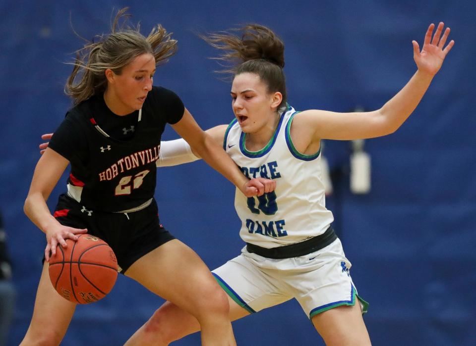 Hortonville's Kallie Peppler (22) dribbles against Green Bay Notre Dame's Trista Fayta during a game Tuesday in Green Bay. Hortonville and Notre Dame are title contenders in Division 1 and Division 2, respectively, in the WIAA girls basketball postseason.