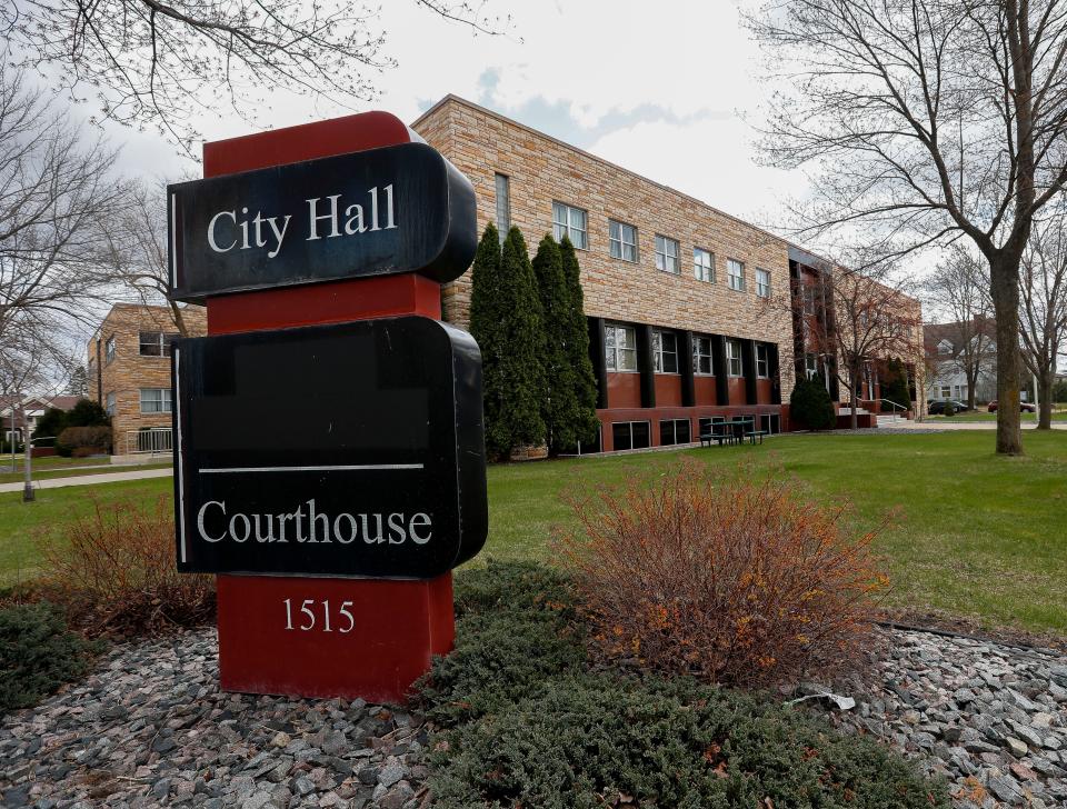 Stevens Point city hall and the Portage County courthouse are seen on April 25 in downtown Stevens Point.