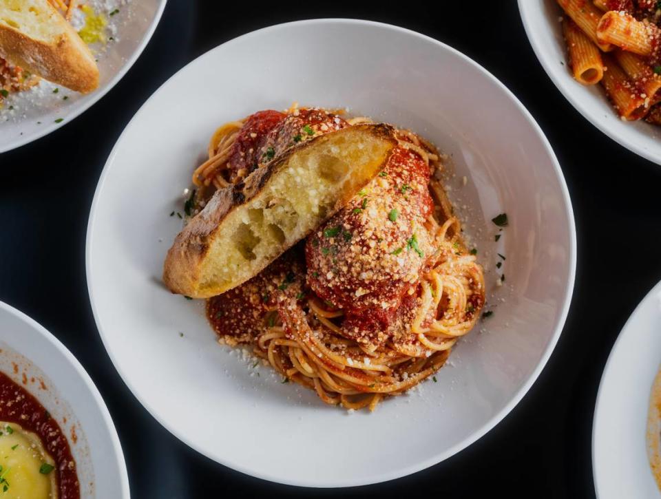 G.O.A.T. Pizza’s Slap Shot Spaghetti and Meatballs is among the restaurant’s pasta dishes, all served with cheesy garlic bread.