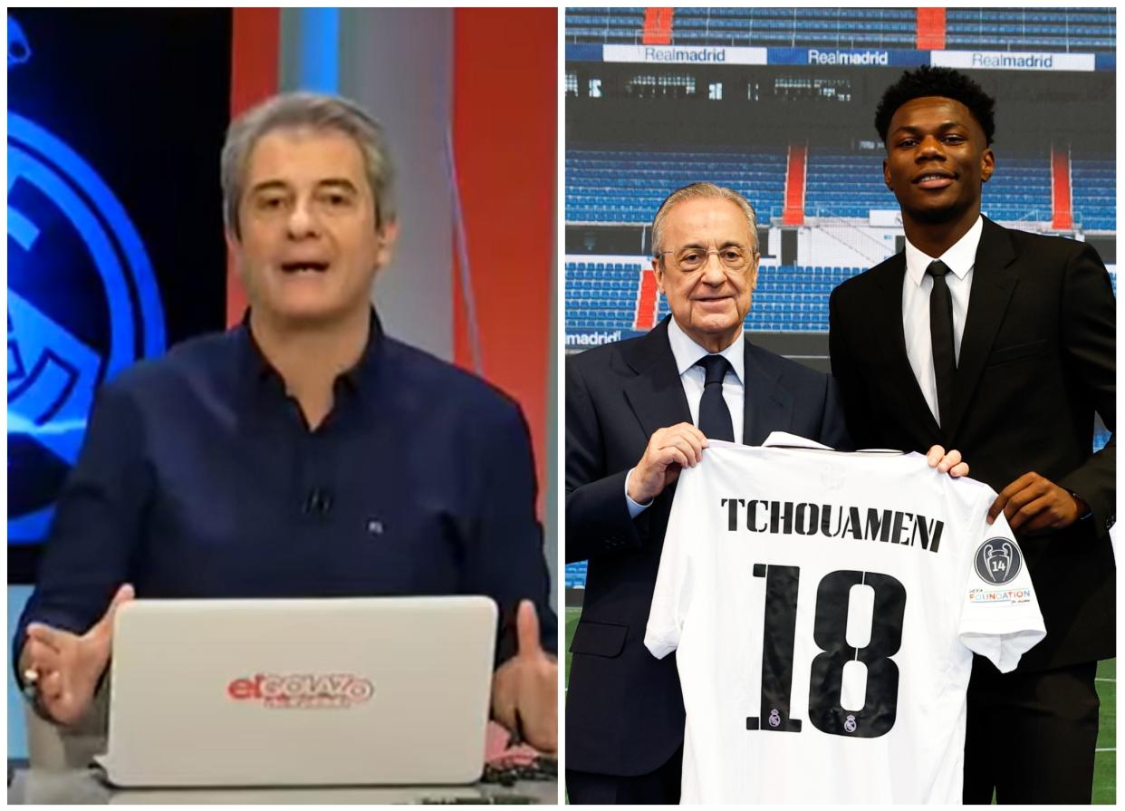 El periodista Manolo Lama y Florentino Pérez en la presentación de Aurélien Tchouaméni como nuevo jugador del Real Madrid. (Foto: Gol Televisión / Victor Carretero / Real Madrid / Getty Images).