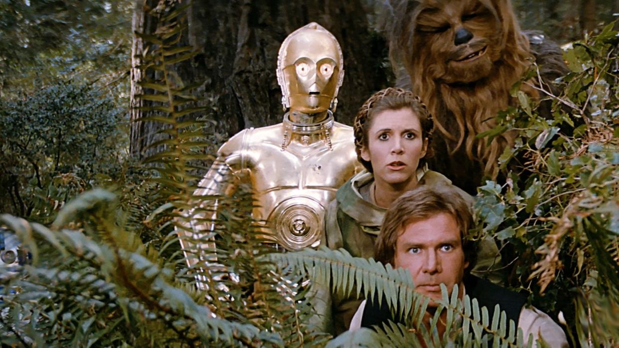  C-3PO, Leia, Han, and Chewbacca in Star Wars: Return of the Jedi. 