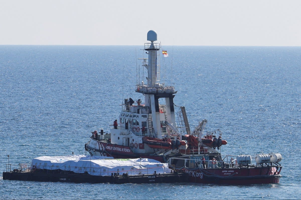 The ‘Open Arms’, a rescue vessel, departs with humanitarian aid for Gaza from Larnaca, Cyprus (Reuters)