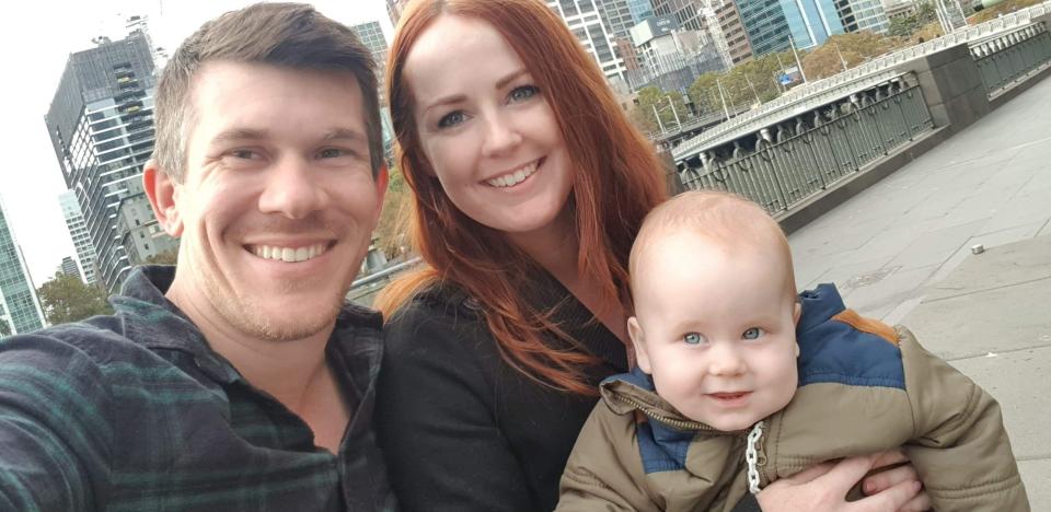 Nicholas Gregg and Emma Massey stumbled across the syringe while visiting the Ross and Locke Reserve with nine-month-old Oliver. Source: Supplied 