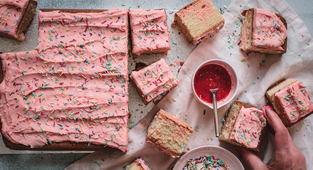 Mother’s Day Strawberry Swirl Slab Cake