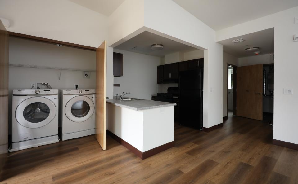 A view of the kitchen area with a washer and dryer, in one of the new units in Phase II of the Rockland Homes for Heroes in Tappan, pictured Oct. 27, 2023.