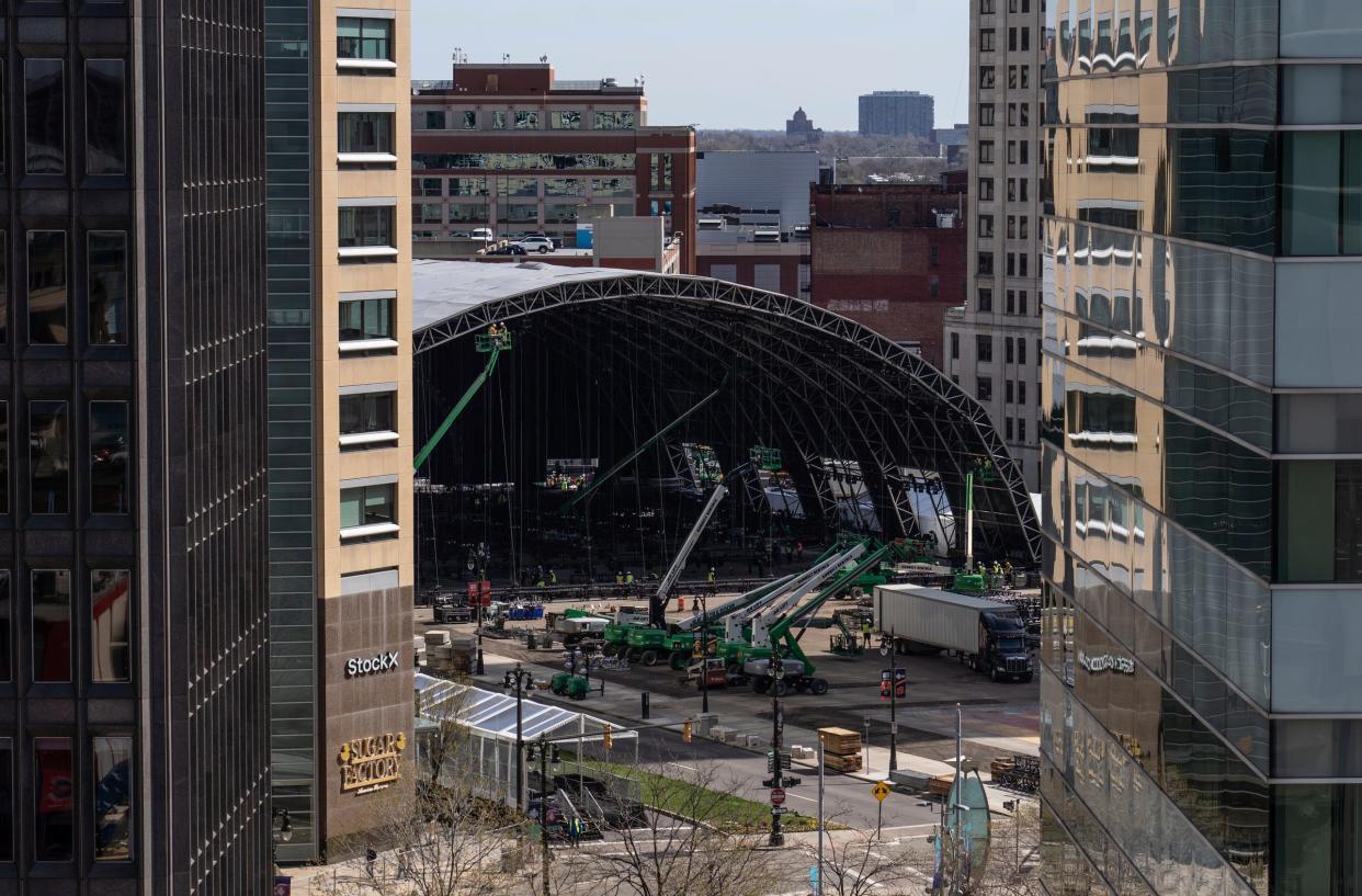 Work continues on the setup of stage area for the upcoming NFL draft near Campus Martius on Tuesday, April 16, 2024, in downtown Detroit.