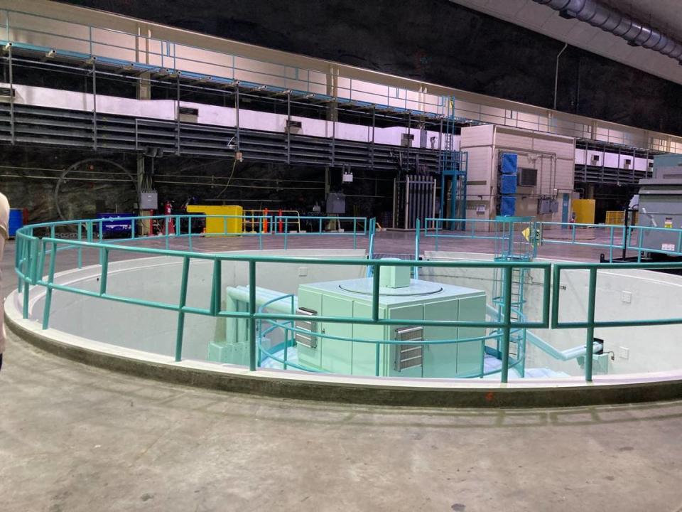 There are four 75-foot turbines at Duke Energy's Bad Creek Hydro Pump Storage Station.  This shows what the tops of the turbines look like, with motors generating the power to spin them as they draw water into a higher reservoir.