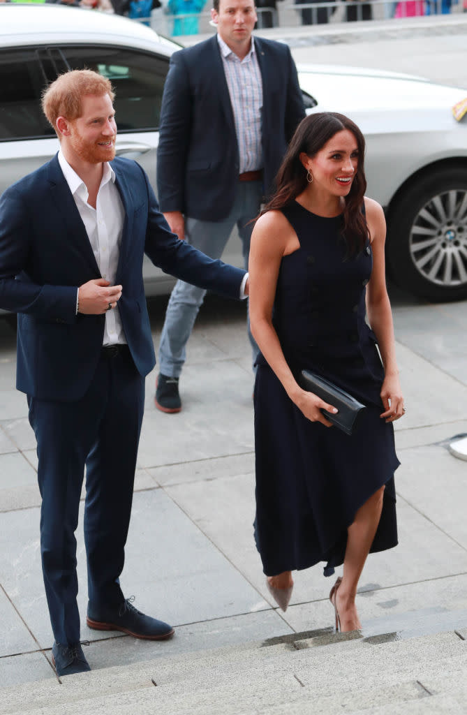 <p>For a reception at Auckland War Memorial Museum, the Duchess of Sussex recycled the now-famous Antonio Berardi dress she wore to watch Prince Harry play polo back in 2017. <em>[Photo: Getty]</em> </p>