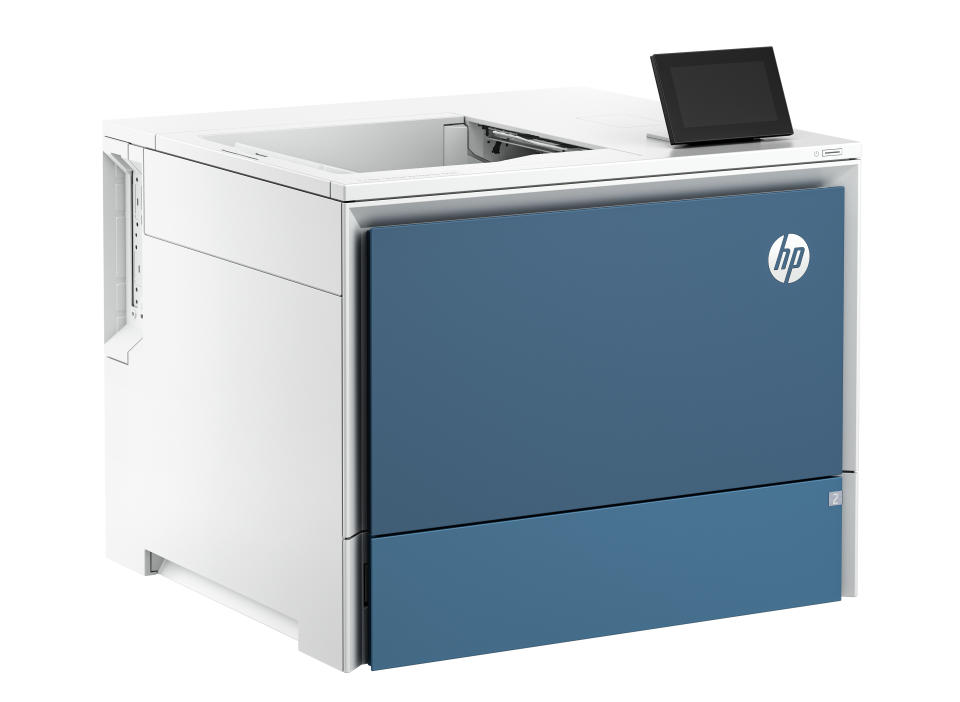 A front view of a HP Color LaserJet 5000/6000 series printer with a blue front panel and HP logo.