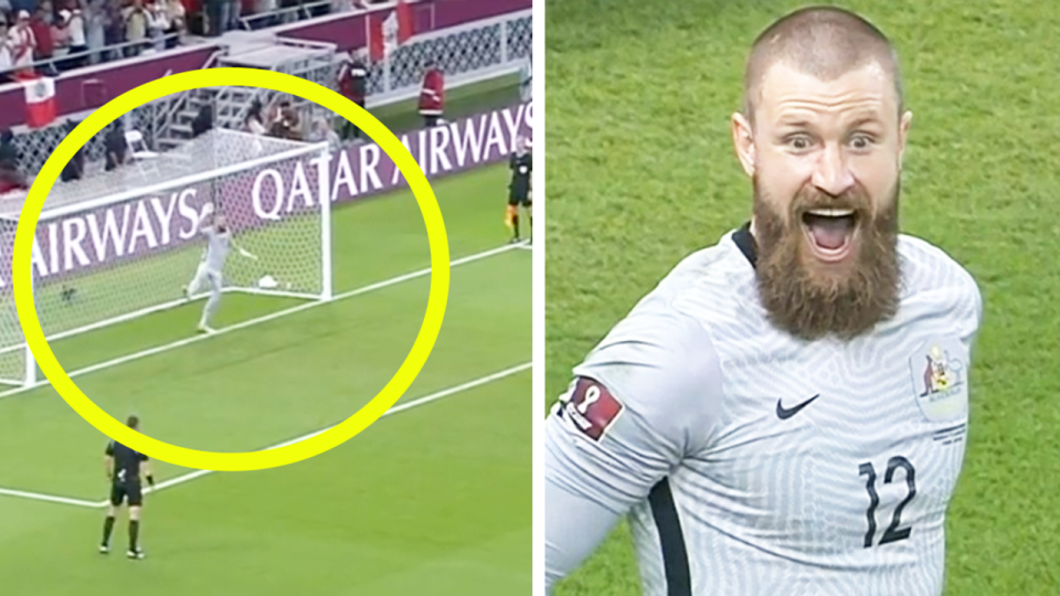 Andrew Redmayne (pictured right) celebrating after sending Australia to the World Cup and (pictured left) dancing around during the penalty shootout.