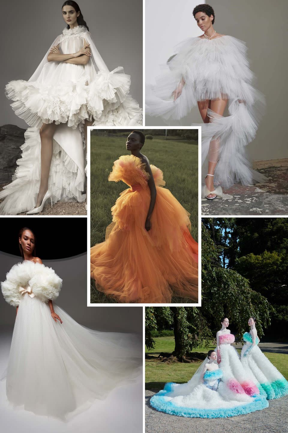 <p>While volume in bridal is nothing new, recent seasons saw an influx of a new type of texture—statement froth. Weightless, full of movement, and totally dreamy, this ultra-romantic look wafted down the digital runways in droves and came in the form of puffed, ruffled, and pleated necklines, skirts, and hems.</p><p>If you're after volume, this isn't just about a full skirt; it's almost easy in all its grandeur; trust us: this look is infinitely more photogenic and effortless than a stiff silk or satin ball gown.</p><p><em>Clockwise from left: Ashi Studio Fall 2021; Carolina Herrera Resort 2021; <em>Kaviar Gauche Bridal 2021; </em><em>Giambattista Valli Fall 2020 Haute Couture; </em>Tomo Koizumi Bridal Spring 2021. </em></p>