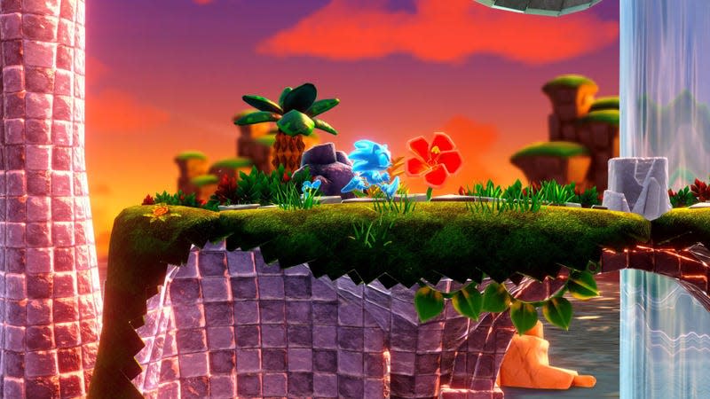 Sonic, made of water, is seen running toward a waterfall.