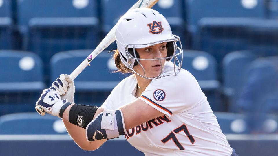 Auburn infielder Bri Ellis (77) during an NCAA softball game on Wednesday, March 30, 2022, in Auburn, Ala. (AP Photo/Vasha Hunt)