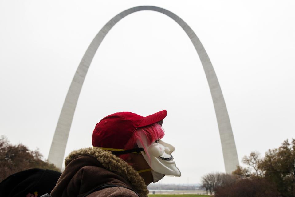 A demonstrator takes part in a "mock trial" of white policeman Darren Wilson as they protest a grand jury's decision not to indict Wilson for killing unarmed black teenager Michael Brown, in St. Louis, Missouri November 26, 2014. (REUTERS/Lucas Jackson)