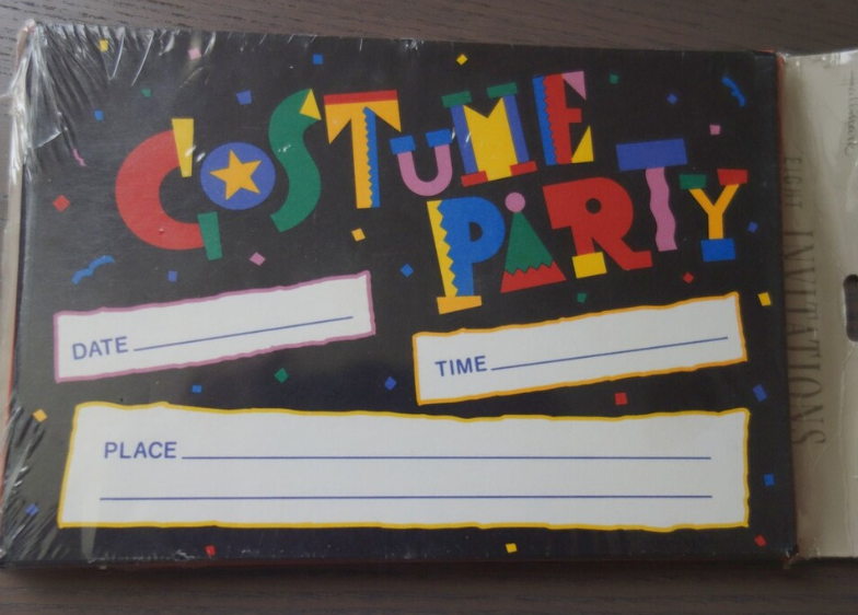 A "Costume Party" invite with date, place, and time lines to fill in