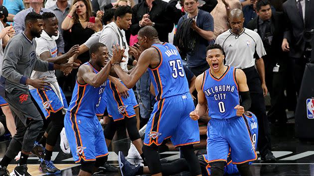 Thunder players react after the win. Image: Getty