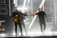 Chris Young, left, and Kane Brown perform at the 56th annual Academy of Country Music Awards on Friday April 16, 2021 at the Ryman Auditorium in Nashville, Tenn. The awards show airs on April 18 with both live and prerecorded segments. (Photo by Amy Harris/Invision/AP)