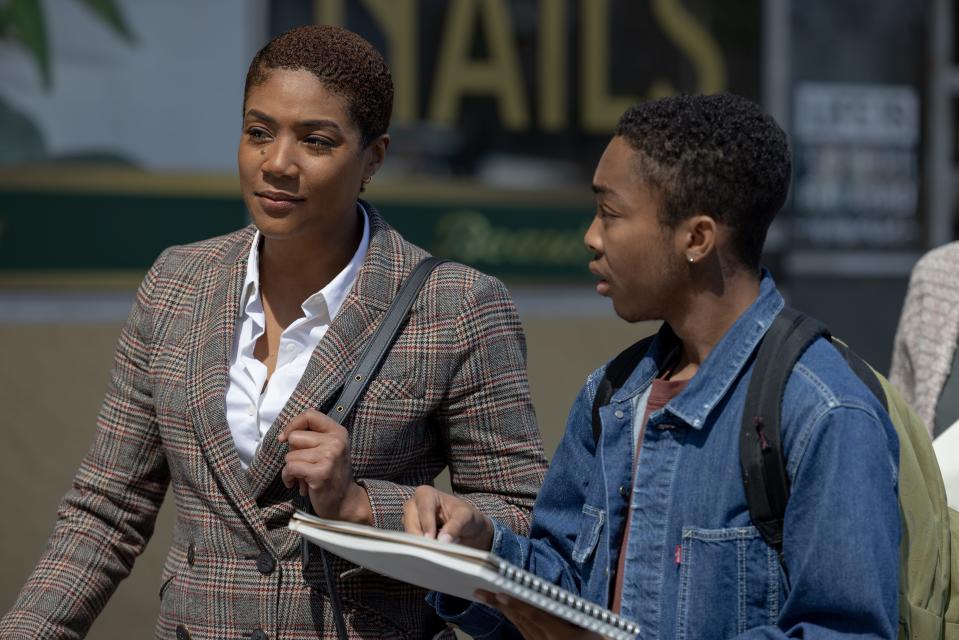 Tiffany Haddish and Asante Blackk star as a mother and son navigating the weird situation of living with an alien in the sci-fi satire "Landscape With Invisible Hand."