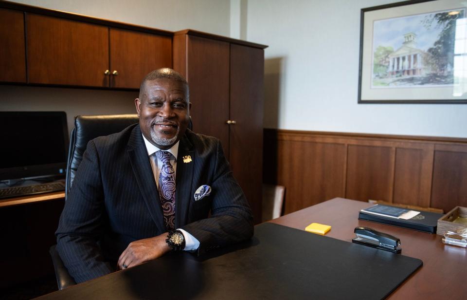 Alcorn State University’s President Tracy Cook poses inside his office on campus in Lorman on Wednesday, May 22.