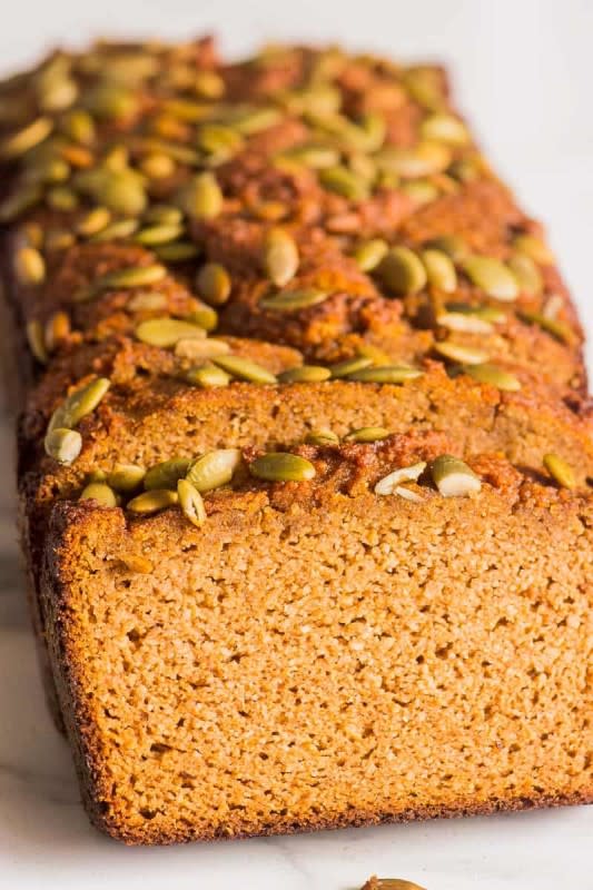 <p>ifoodreal</p><p>Healthy almond flour pumpkin bread is moist and fluffy, packed with warming pumpkin pie spices and topped with crunchy pumpkin seeds. </p><p><strong>Get the recipe: <em><a href="https://ifoodreal.com/almond-flour-pumpkin-bread/" rel="nofollow noopener" target="_blank" data-ylk="slk:Almond Flour Pumpkin Bread;elm:context_link;itc:0;sec:content-canvas" class="link ">Almond Flour Pumpkin Bread</a></em></strong></p><p><strong>Related: 12 <a href="https://parade.com/846491/lisamarcaurele-2/12-creative-and-delicious-low-carb-almond-flour-recipes/" rel="nofollow noopener" target="_blank" data-ylk="slk:Creative and Delicious Low-Carb Almond Flour Recipes;elm:context_link;itc:0;sec:content-canvas" class="link ">Creative and Delicious Low-Carb Almond Flour Recipes</a></strong></p>