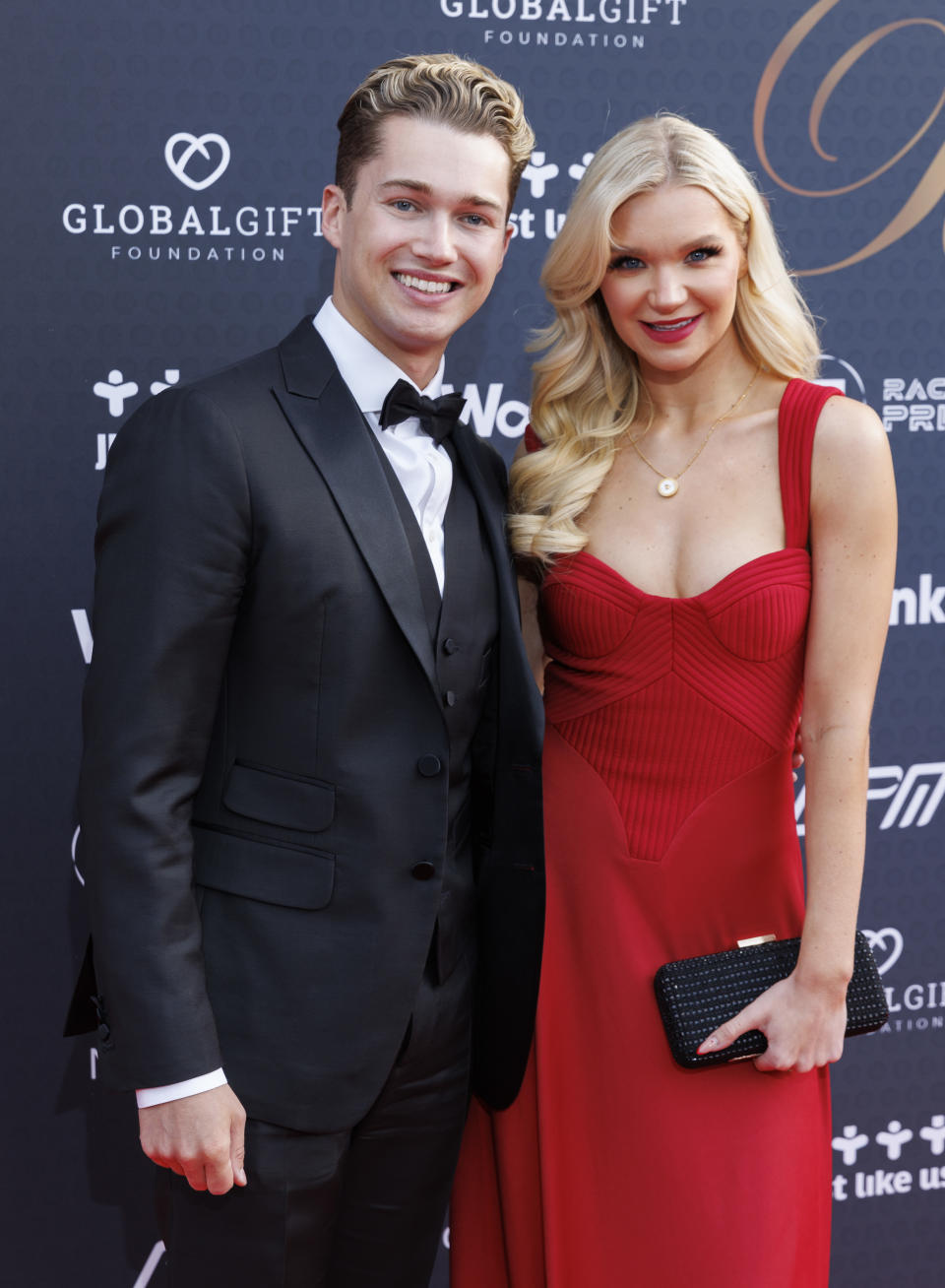 LONDON, ENGLAND - JUNE 29: AJ Pritchard and Abbie Quinnen attend the 12th annual Grand Prix Ball in aid of the Global Gift Foundation, at The Hurlingham Club on June 29, 2022 in London, England. (Photo by John Phillips/Getty Images)