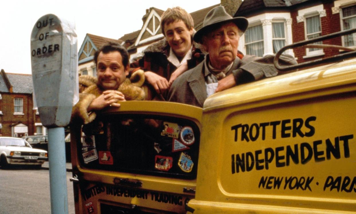 Key cast members David Jason as Del Boy, Nicholas Lyndhurst as Rodney and Lennard Pearce as Grandad in Only Fools And Horses (Credit: BBC)