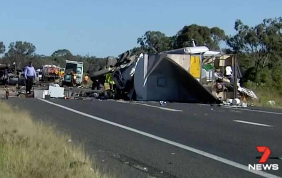 The highway is still strewn with debris after the crash. Photo: 7 News