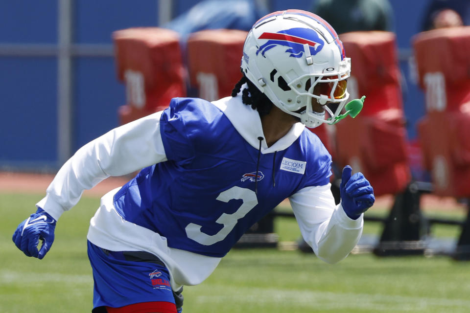 Buffalo Bills defensive back Damar Hamlin (3) runs a drill during an NFL football practice in Orchard Park, N.Y., Tuesday, June 13, 2023. (AP Photo/Jeffrey T. Barnes)