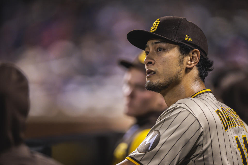 Padres starting pitcher Darvish pitched 6.1 innings, allowed 5 runs, and won a 5K. After the game, he suffered his first loss of the season.  (Photo by Matt Thomas/San Diego Padres/Getty Images)