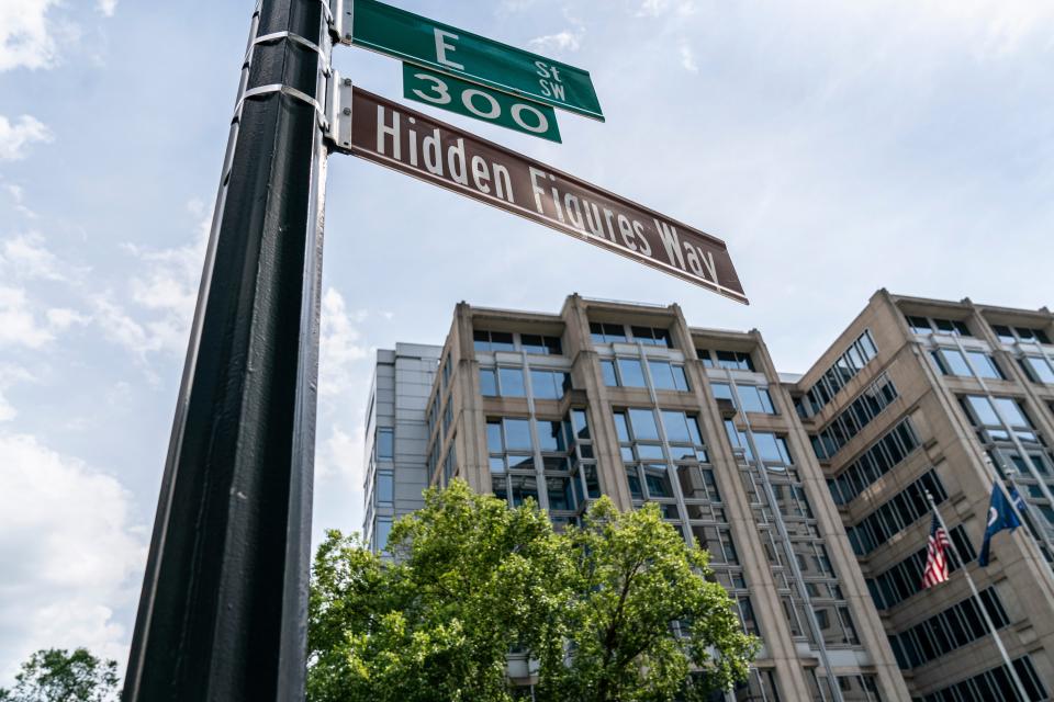 The street sign ‘Hidden Figures Way’ is posted at Nasa’s headquarters in honour of Black female mathematicians who worked at the administration on 26 June 2020 in Washington, DC. The headquarters building is being renamed to honour Mary Jackson and will be known as the Mary W Jackson Headquarters Building.Getty Images