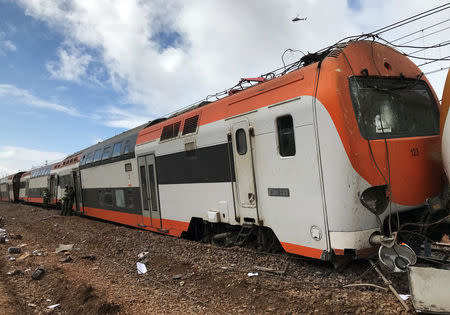 Damaged train is seen at the site of derailment at Sidi Bouknadel near the Moroccan capital Rabat, Morocco October 16, 2018. REUTERS/Ahmed ElJechtimi