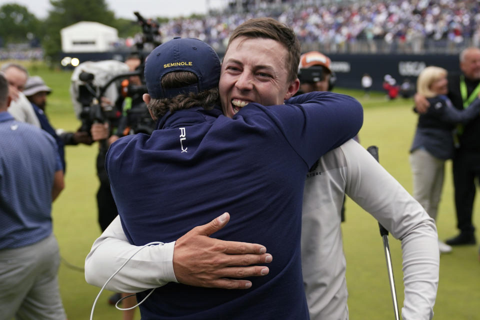 Matthew Fitzpatrick, of England, celebrates after winning the U.S. Open golf tournament at The Country Club, Sunday, June 19, 2022, in Brookline, Mass. (AP Photo/Charles Krupa)