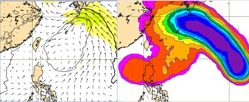 左圖：最新(25日20時)歐洲(ECMWF)模式，模擬週五(29日)20時1000百帕等高線及風場圖顯示，台灣東方為「季風環流」(monsoon gyre)型態，「熱帶擾動」繞至環流的東北側。