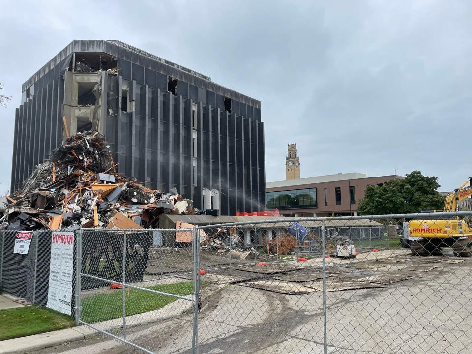 Demolition has begun at the University of Detroit Mercy's Fisher Administrative Center building Sept. 29, 2023. The building, located at the corner of Livernois Avenue and Florence Street, has been standing at the university's McNichols Campus since 1966.