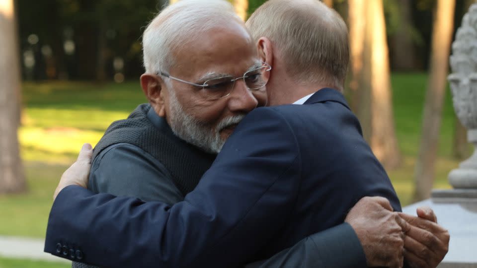 Indian Prime Minister Narendra Modi and Russia's President Vladimir Putin embrace each other at the Novo-Ogaryovo state residence, outside Moscow, on July 8, 2024. - GAVRIIL GRIGOROV/AFP/POOL/AFP via Getty Images