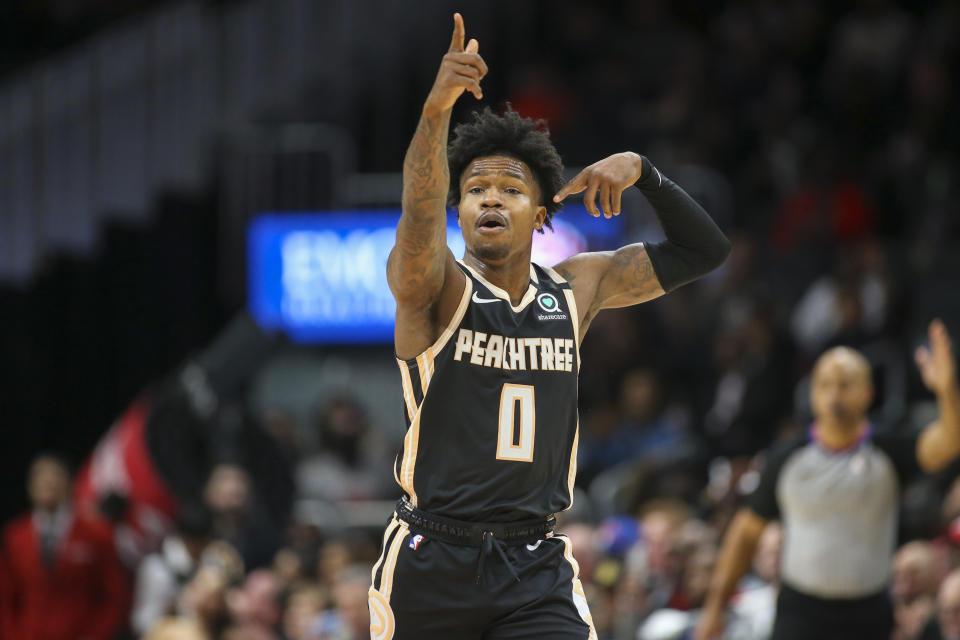 Atlanta Hawks guard Brandon Goodwin (0) celebrates after a basket in the second half of an NBA basketball game against the Los Angeles Clippers, Wednesday, Jan. 22, 2020, in Atlanta. The Hawks won 102-95. (AP Photo/Brett Davis)