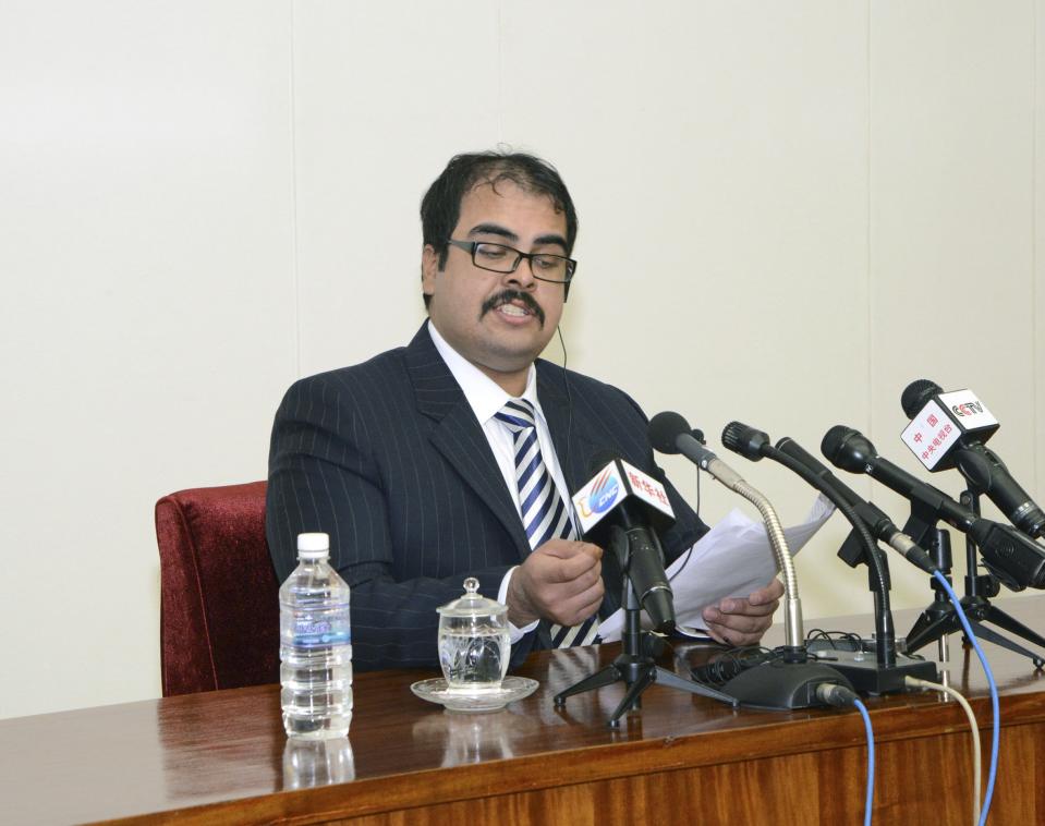 A U.S. citizen speaks during a news conference in this undated photo released by North Korea's Korean Central News Agency (KCNA) in Pyongyang December 14, 2014. The U.S. citizen who said he illegally entered North Korea held a press conference in Pyongyang on Sunday to deliver a 4,000-word statement denouncing U.S. domestic and foreign policy, CNN said. CNN said the man identified himself as Arturo Pierre Martinez, 29, from the U.S. border town of El Paso. His mother told CNN her son was bipolar, and had previously tried to enter North Korea from the South Korean side. REUTERS/KCNA (NORTH KOREA - Tags: POLITICS) ATTENTION EDITORS - THIS PICTURE WAS PROVIDED BY A THIRD PARTY. REUTERS IS UNABLE TO INDEPENDENTLY VERIFY THE AUTHENTICITY, CONTENT, LOCATION OR DATE OF THIS IMAGE. FOR EDITORIAL USE ONLY. NOT FOR SALE FOR MARKETING OR ADVERTISING CAMPAIGNS. THIS PICTURE IS DISTRIBUTED EXACTLY AS RECEIVED BY REUTERS, AS A SERVICE TO CLIENTS. NO THIRD PARTY SALES. NOT FOR USE BY REUTERS THIRD PARTY DISTRIBUTORS. SOUTH KOREA OUT. NO COMMERCIAL OR EDITORIAL SALES IN SOUTH KOREA