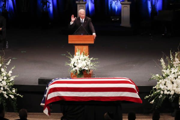 Former Vice President Joe Biden delivers a tribute during a memorial service at North Phoenix Baptist Church for Sen. John McCain, R-Ariz. on Thursday, August 30, 2018, in Phoenix. Pool Photo by Matt York/UPI